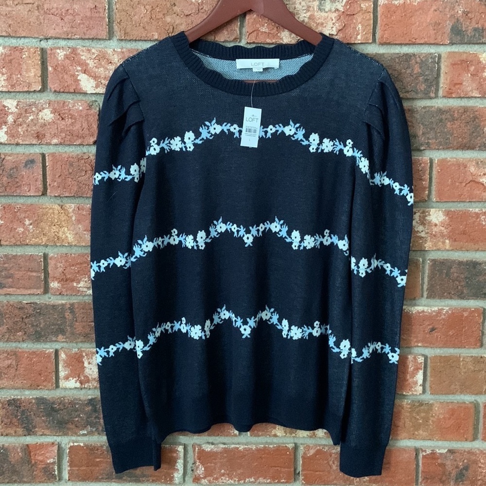 LOFT Navy Floral Scallop Neck Sweater
